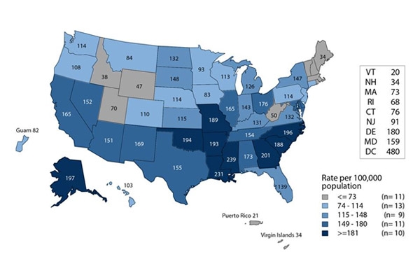 Tỉ lệ nhiễm lậu cầu trên 100,000 dân tính theo các bang của Hoa Kỳ.