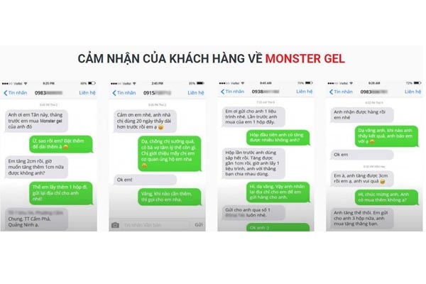 Phản hồi của khách hàng về Monster Gel qua tin nhắn