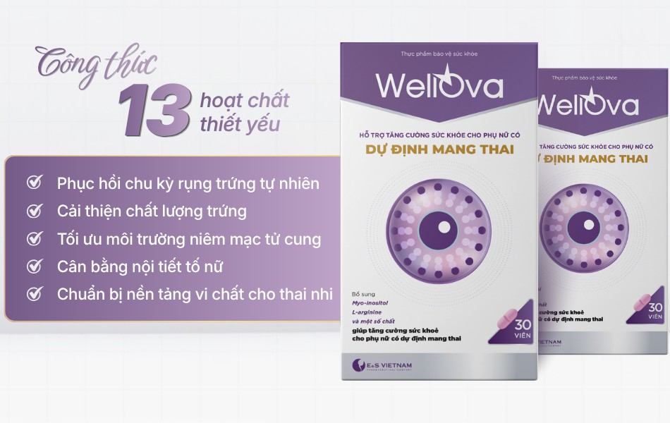 Viên uống bổ trứng WellOva cung cấp 13 hoạt chất thiết yếu, hỗ trợ tăng tỷ lệ đậu thai tự nhiên